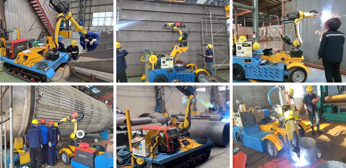 Mobile welding robots welding steel plate structures, tanks and pipes on site