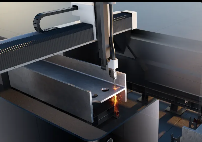 HFT laser cutting machine cutting bolt holes in an H-beam flange