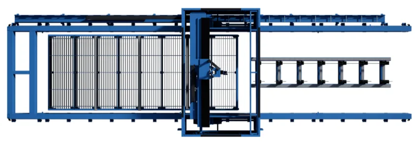 Top view of the HFT laser cutting machine with plate table and beam supports