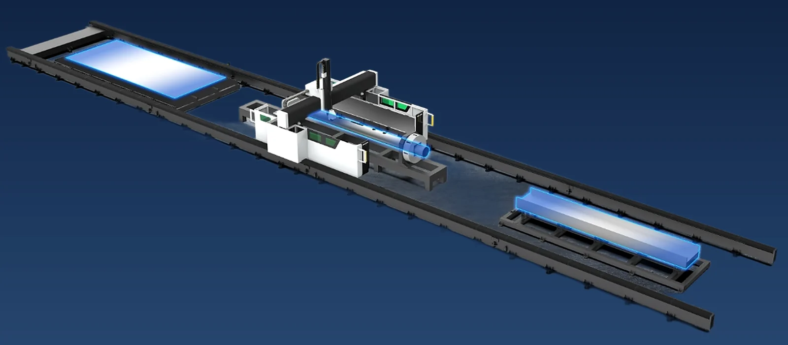 HFT pipe and beam laser cutting machine with plate table, tube chuck and H-beam supports