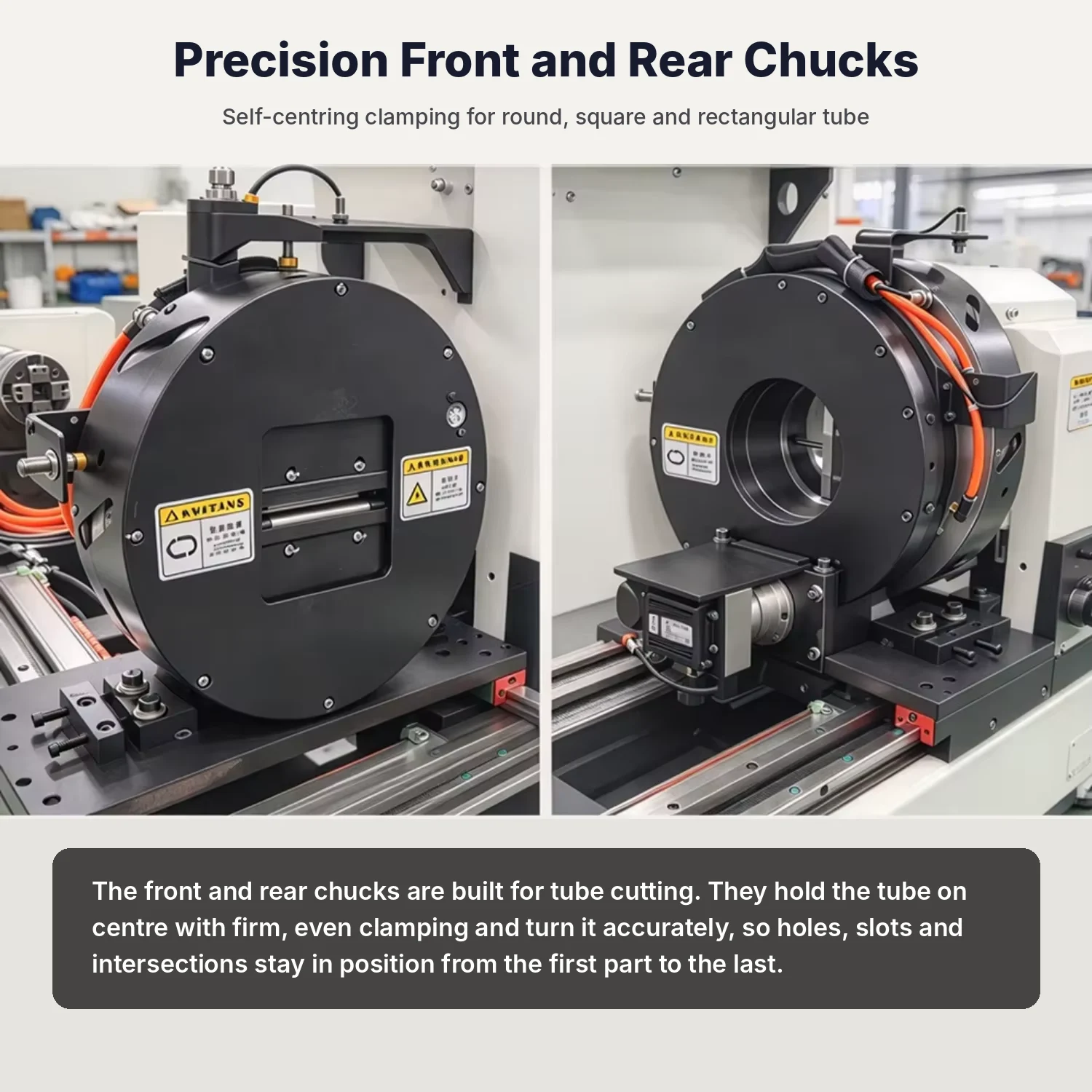 Tube laser chucks clamping square tube for cutting holes, notches and mitres in one set-up