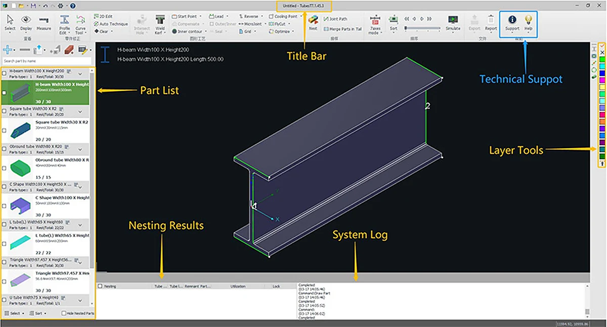 TubesT tube nesting software: part list with H-beam, square, obround, C, L, triangle and U tube, nesting results and 3D view
